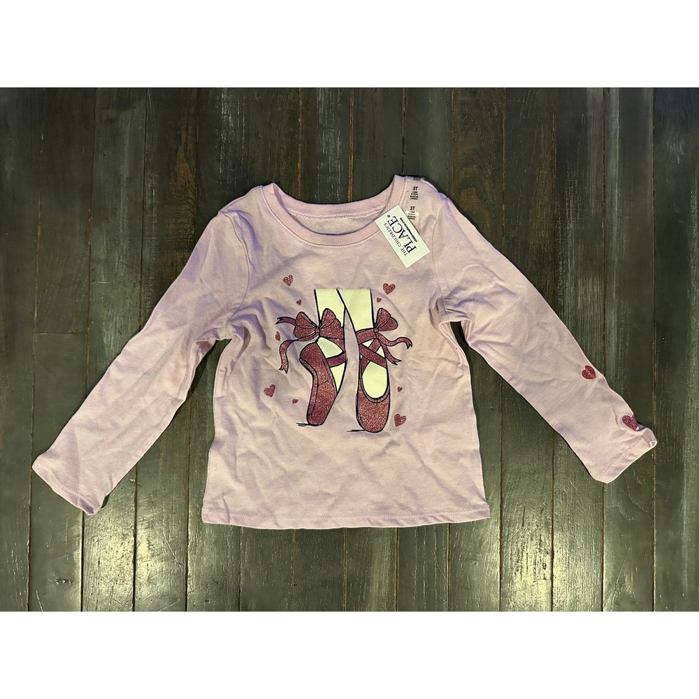 The Childrens Place Girls 3T Ballet Slipper Hearts Long Sleeve Graphic Tee Pink